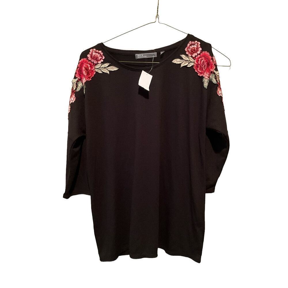 89th & Madison Blouse‎ Top Women's Size M Black Floral Long Cold Shoulder Sleeve